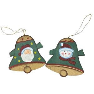 Wooden Santa and Snowman Bell Shaped Ornaments Set